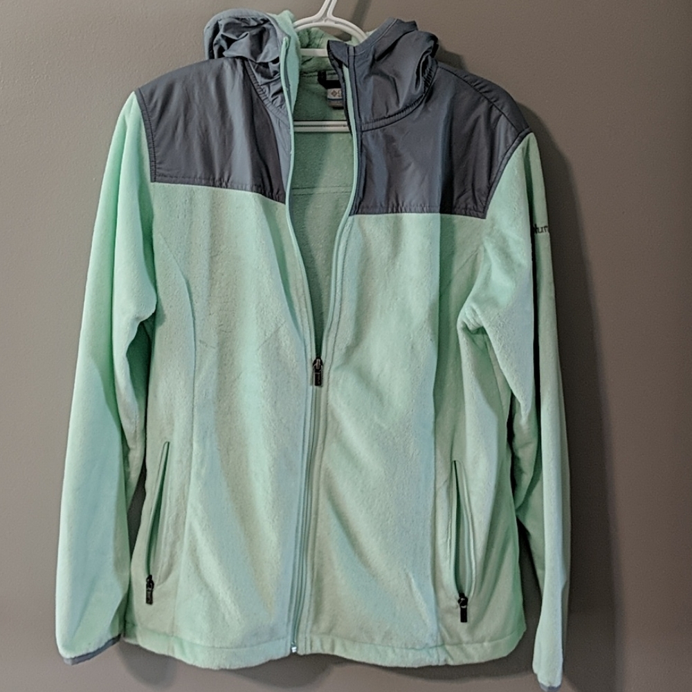 Mint green and silver hoodedColumbia jacket